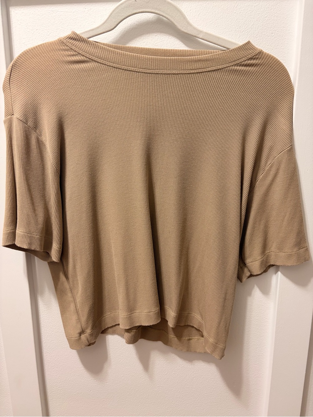 American Eagle Outfitters Ribbed Cropped Tee in Beige
